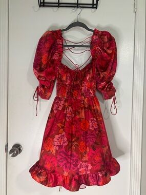For Love & Lemons Red and Pink Floral Puff Sleeve Dress